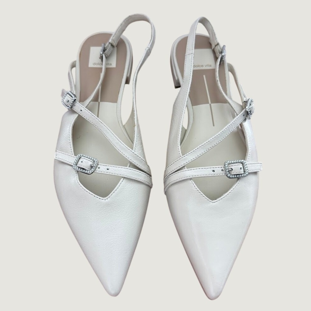 Dolce Vita Womens Ivory Pearl Leather Slingback Pointed Toe Buckle Flats Size 9 - Picture 2 of 12